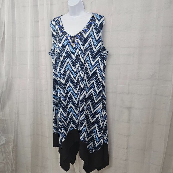 Avenue Blue White Chevron Aztec Sleeveless Midi Dress Beaded Boho 22/24 - Picture 7 of 13